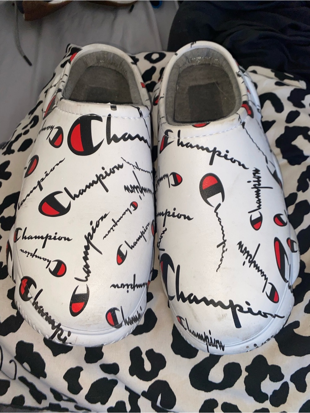 Champion Kids White Slip-On Sneakers with Red & Black Logo Accents